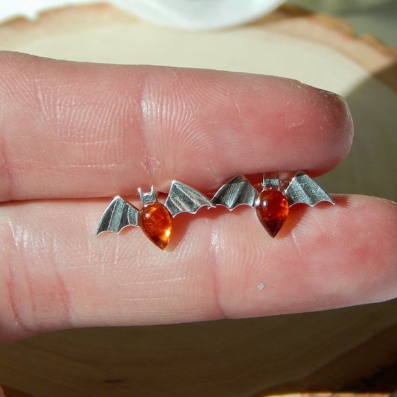 DirtyBombBoutique.shop Jewelry - Natural Baltic Cognac Amber Tiny Bat Earrings in .925 Silver